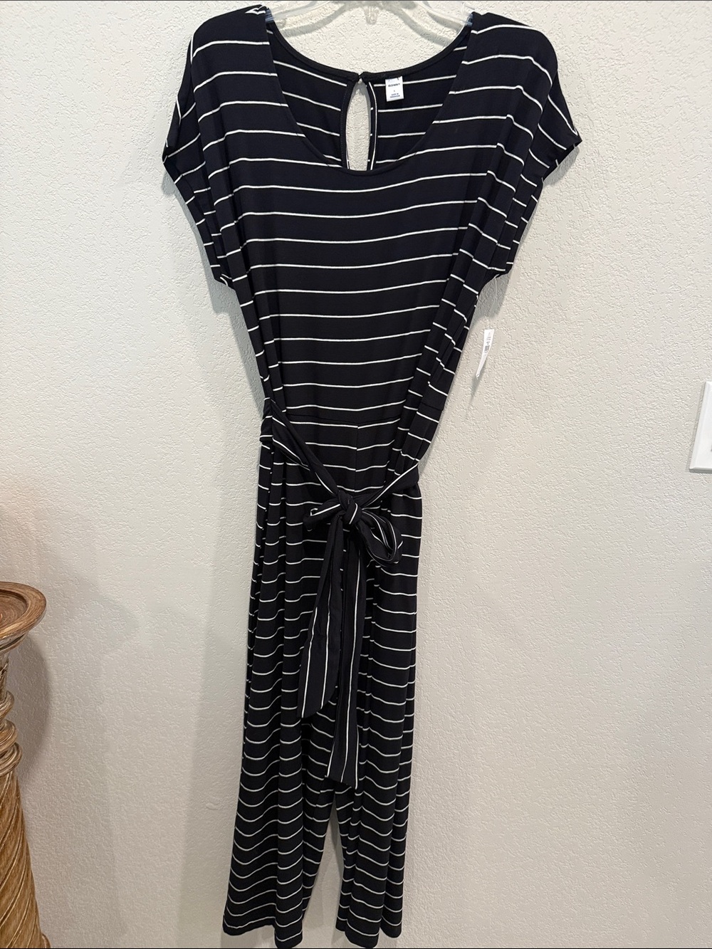 Old Navy Black and White Striped Tie-Waist Maxi Jumpsuit with Keyhole